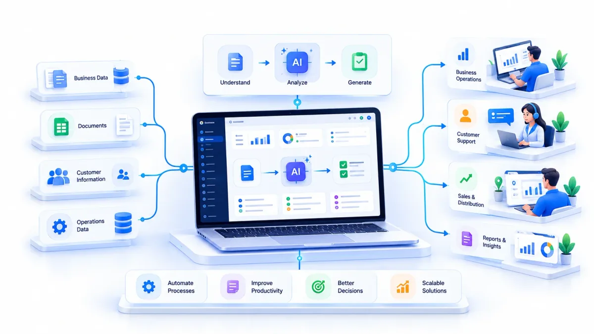 AI-powered business workflows connecting business data to operations, customer support, sales and analytics
