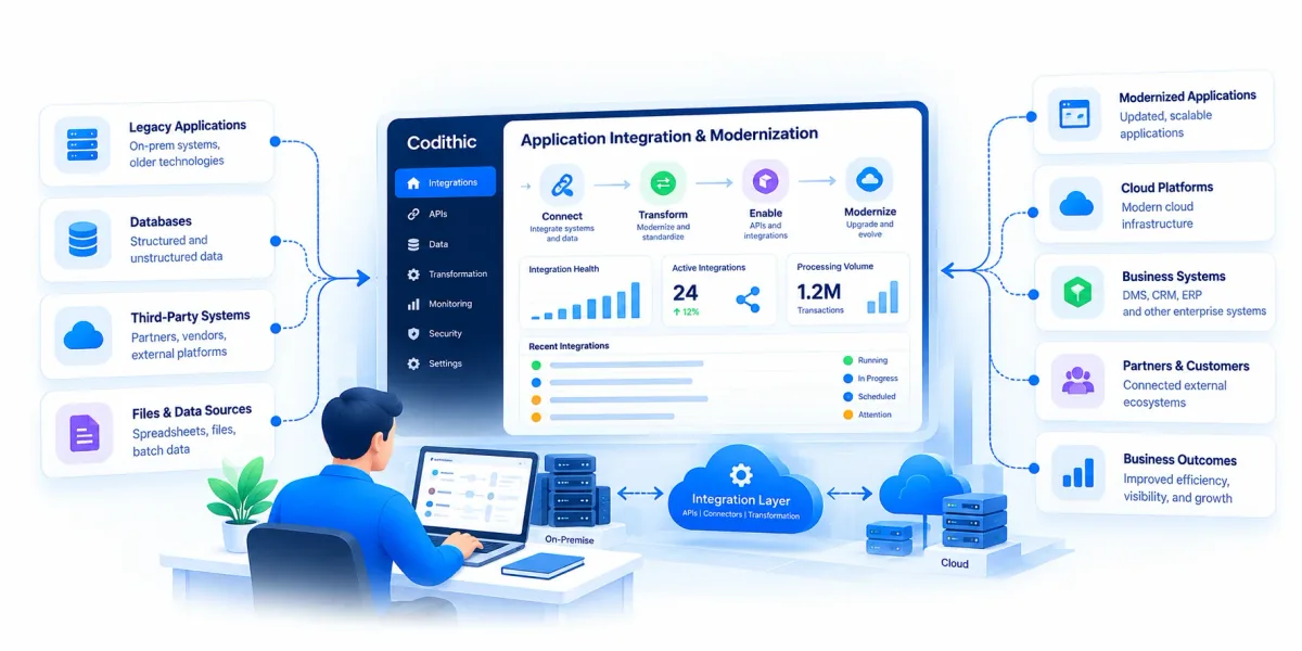Illustration of a person reviewing a Codithic Application Integration and Modernization screen. Legacy applications, databases, third-party systems, and files connect through an integration layer between on-premises systems and cloud platforms, alongside panels for modernized applications, business systems, partners, and outcomes.