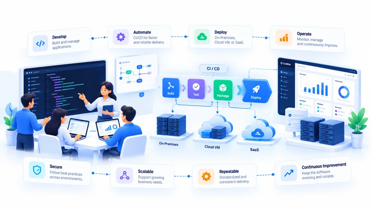 Cloud and DevOps workflow connecting software development, CI/CD, deployment environments, and operations