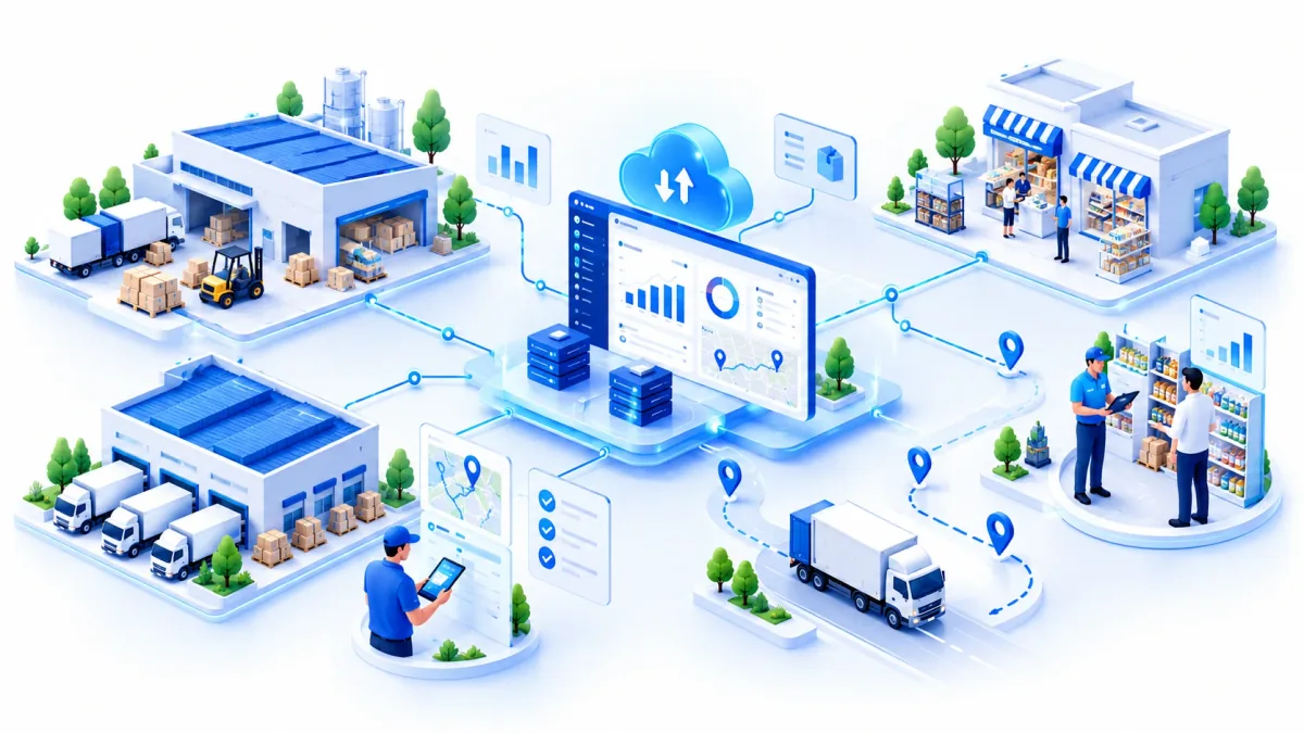 Illustration of connected distribution operations, with warehouses, a central operations view, retail locations, field teams, and delivery linked together.