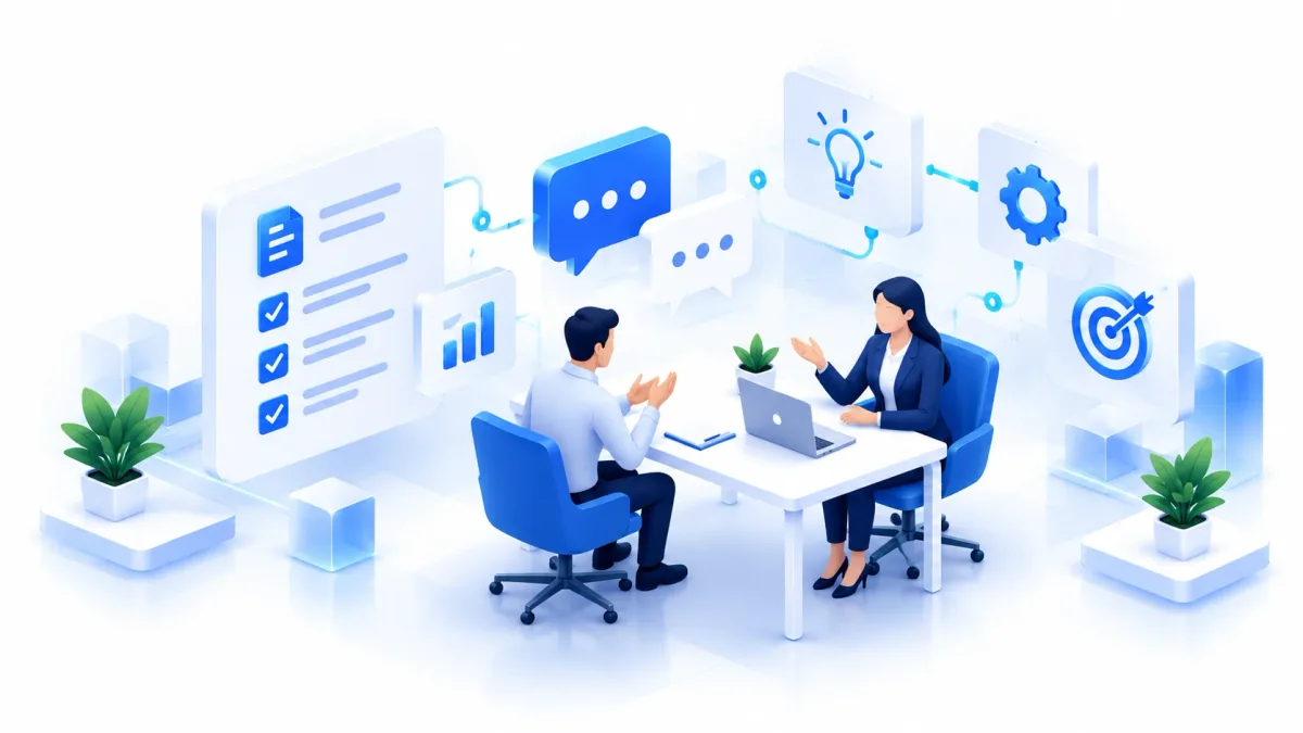 Illustration of two colleagues discussing a requirement at a table, with a checklist, conversation, and planning symbols.