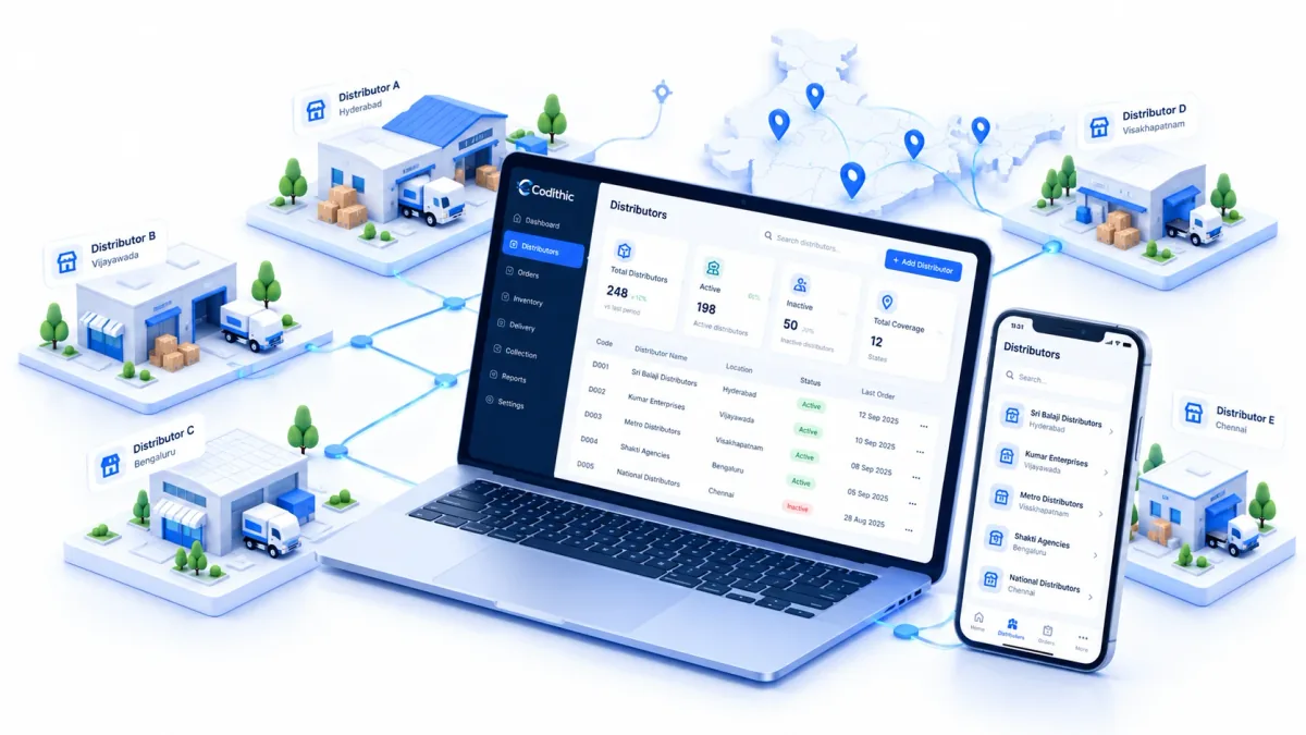 Illustration of a Codithic DMS display connected to warehouses, delivery vehicles, and distributor locations.