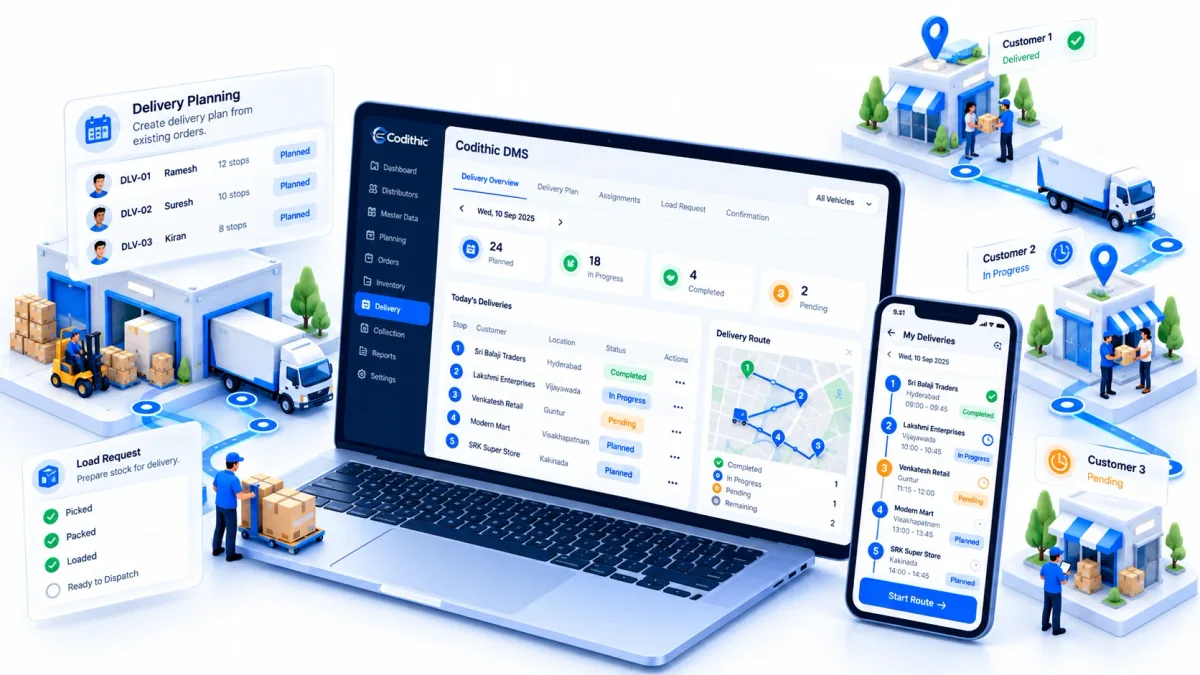 Illustration of delivery management in Codithic DMS, with a delivery dashboard, delivery plans and assignments, load readiness, delivery status, customer stops, a mobile delivery view, and confirmation context.