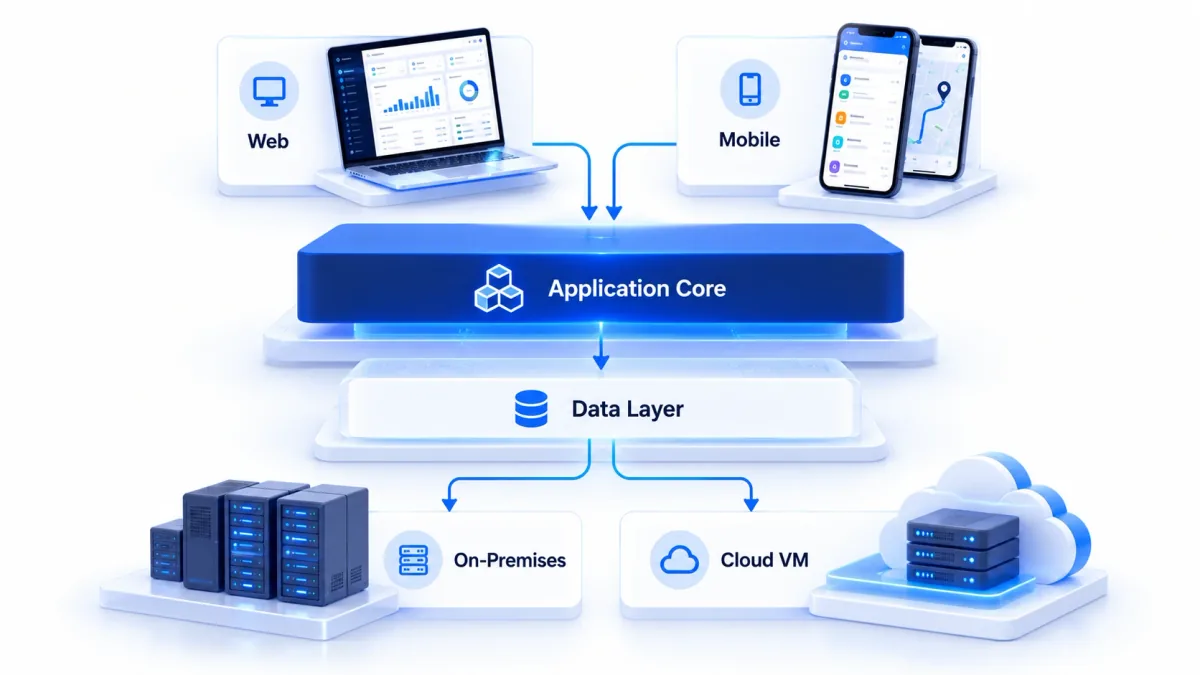 Illustration of Codithic DMS deployment and architecture, with web and mobile clients, an application core, a data layer, and on-premises or cloud VM deployment choices.