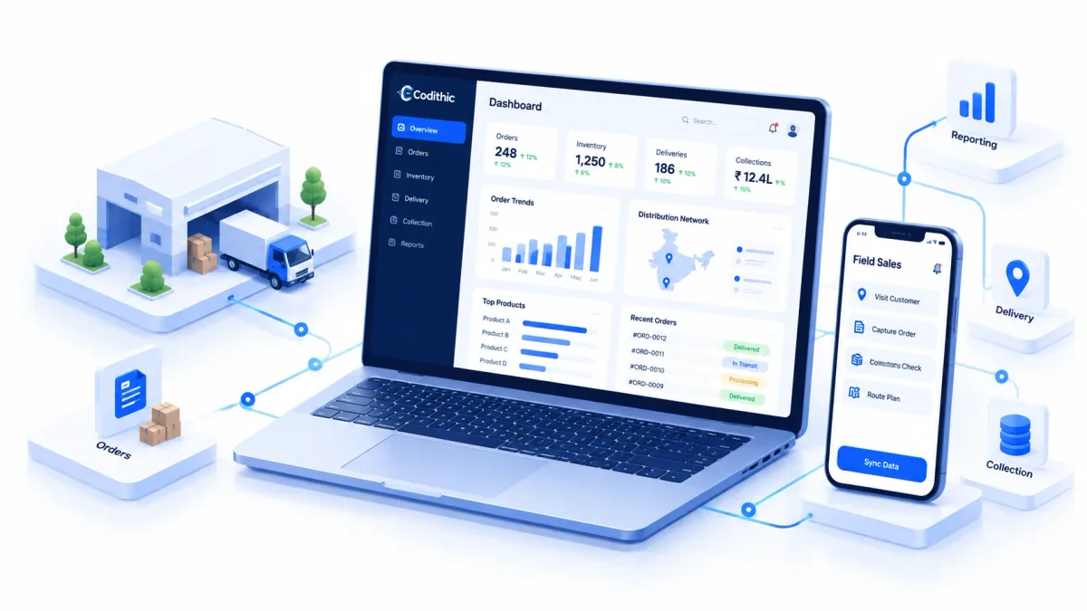 Codithic DMS distributor management dashboard beside the Field Sales mobile app, showing orders, inventory, delivery, collections, and reporting across warehouse and distribution operations.