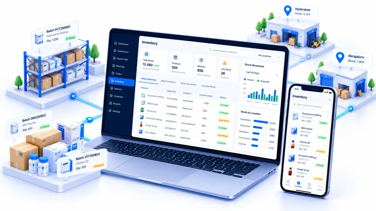 Illustration of inventory management in Codithic DMS, with batch-based inventory, product and stock visibility, inventory movement, stock by location, a desktop inventory dashboard, and a mobile inventory view.