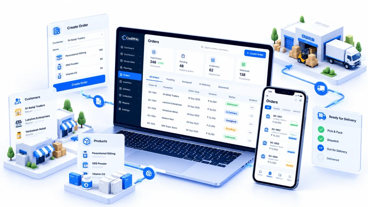 Illustration of order management in Codithic DMS, with an order dashboard, order creation and status, customer and product context, a mobile order list, and warehouse dispatch and delivery.