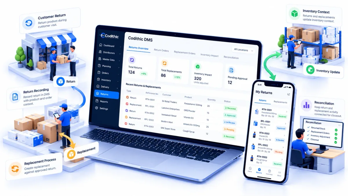 Illustration of returns and replacements in Codithic DMS, with customer returns and return recording, replacement processing, product and order context, inventory context, reconciliation and operational closeout, a desktop DMS dashboard, and a mobile returns view.