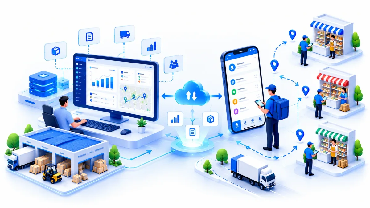 Illustration of a central operations dashboard connected with mobile field execution across retail visits and delivery.