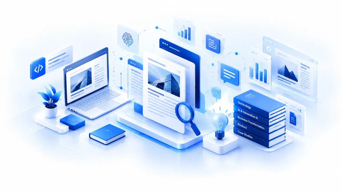 Illustration of editorial content, reports, documents, analytics, and knowledge discovery.