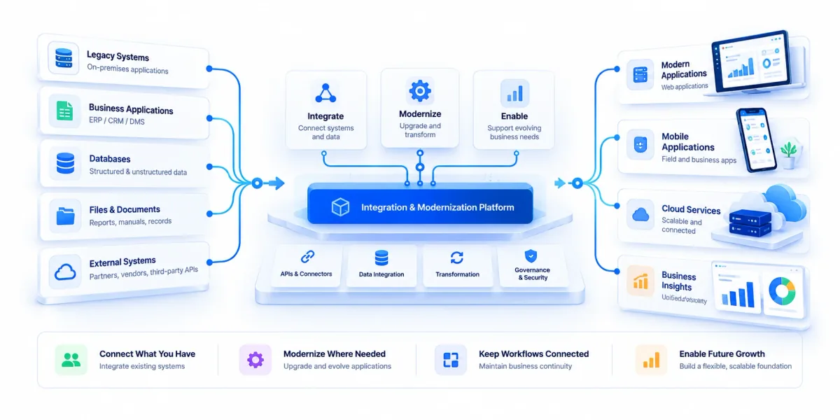 Conceptual illustration of existing systems connecting through an integration path toward a modernized application landscape.