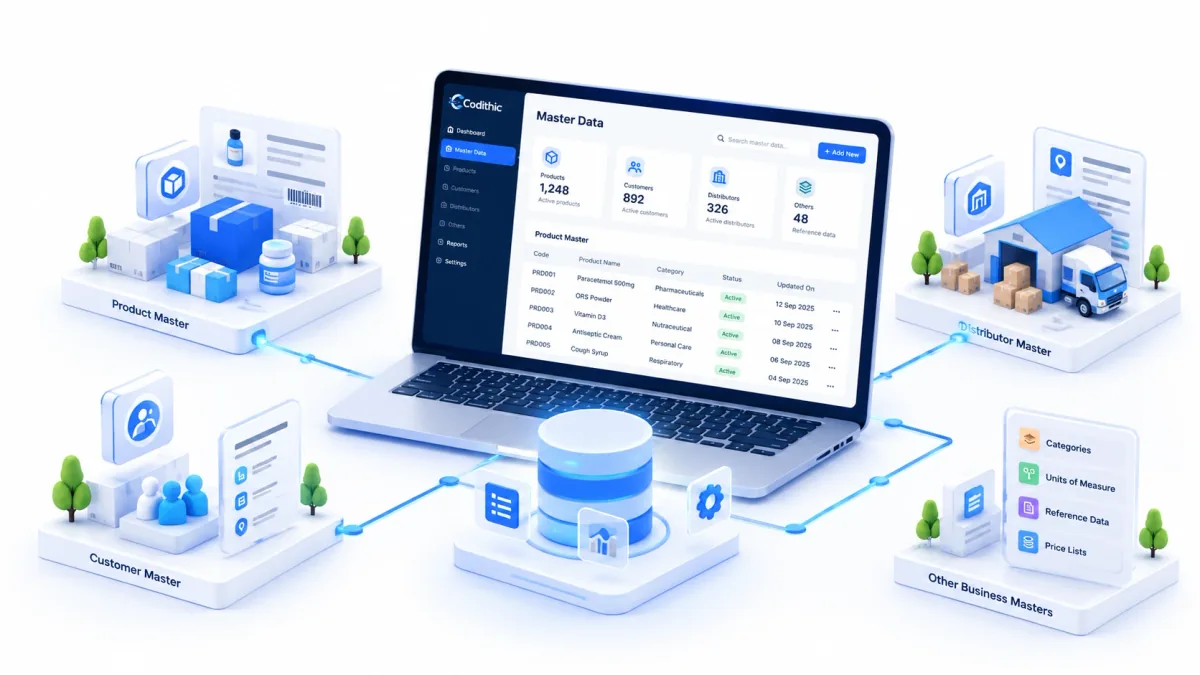 Isometric illustration of a Codithic DMS master-data workspace, with a central dashboard connected to product, customer, distributor, and other business master-data areas.