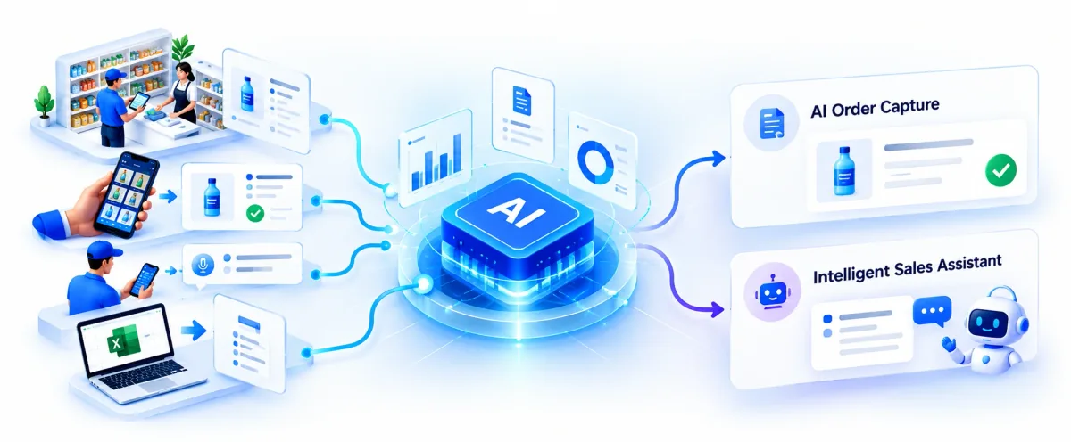 Illustration of practical AI in a distribution workflow, focused on AI Order Capture and Intelligent Sales Assistant.