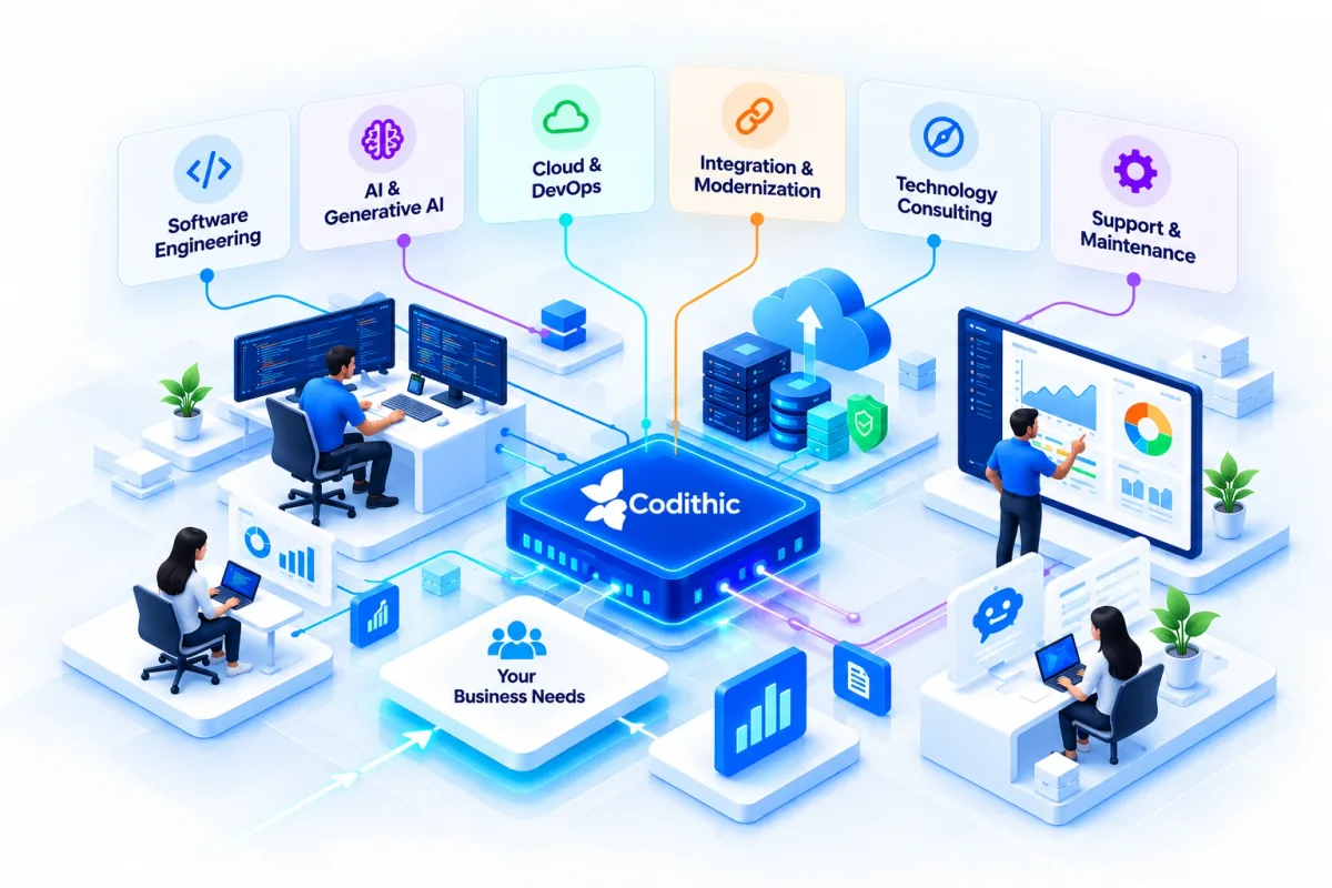 Illustration of Codithic services around a business need, including software engineering, AI, cloud and DevOps, integration and modernization, technology consulting, and support and maintenance.