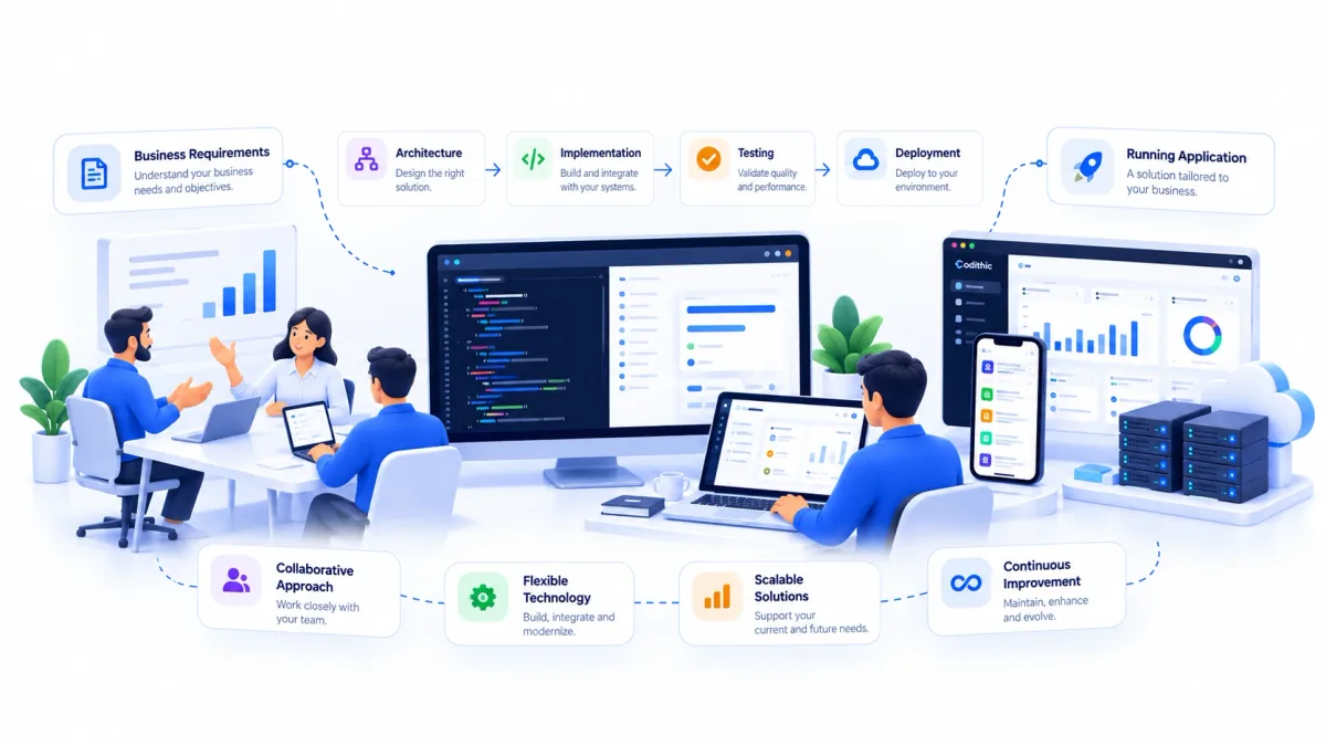 Software engineering lifecycle from business requirements and architecture through implementation, testing, deployment, and continuous improvement.