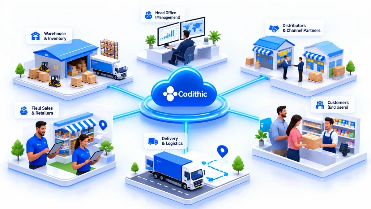Illustration of Codithic connecting warehouse and inventory, head office management, distributors and channel partners, field sales and retailers, delivery and logistics, and customers.